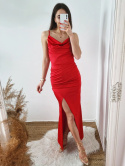 Aurella czerwona długa dopasowana sukienka z rozcięciem