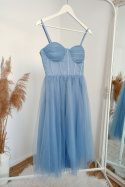 Cindy - niebieska tiulowa sukienka midi z gorsetem