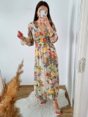 Fiori - długa sukienka w kwiaty oliwkowa