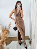 Parisian - brązowa sukienka maxi odkryte plecy