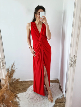 Rebeca sukienka midi marszczona z rozcięciem czerwona