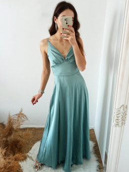 Simone - miętowa satynowa sukienka maxi z rozcięciem - outlet