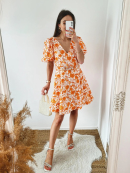Bawełniana sukienka w pomarańczowe kwiaty z paskiem