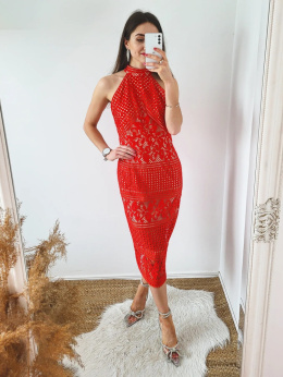 Czerwona koronkowa dopasowana sukienka midi