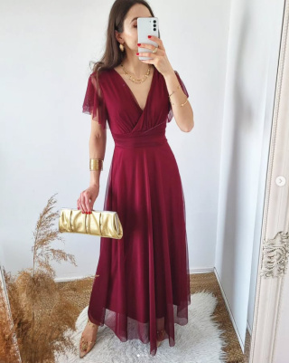 Latika tiulowa sukienka maxi bordowa