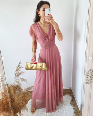 Latika tiulowa sukienka maxi pudrowy róż