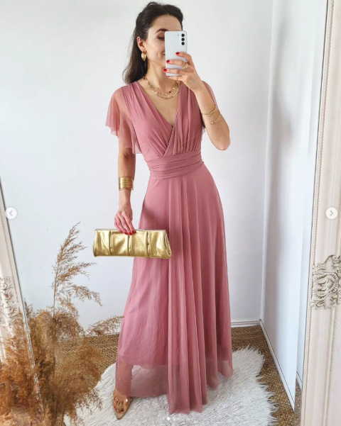 Latika tiulowa sukienka maxi pudrowy róż