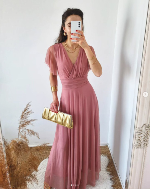 Latika tiulowa sukienka maxi pudrowy róż