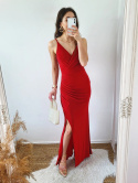 Lena - czerwona brokatowa sukienka maxi z rozcięciem