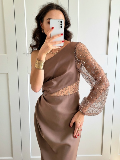 Brązowa sukienka na jedno ramie Ofelia