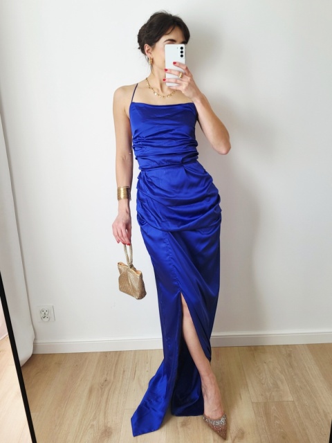 Chabrowa satynowa sukienka na ramiączkach L