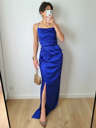 Chabrowa satynowa sukienka na ramiączkach L