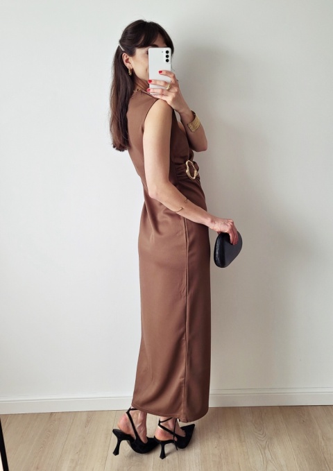 Channel brązowa sukienka midi ołówkowa