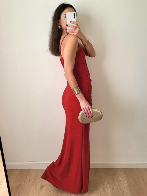 Czerwona długa sukienka brokatowa z rozcięciem Lena