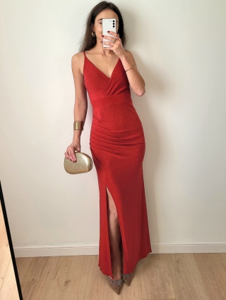 Czerwona długa sukienka brokatowa z rozcięciem Lena