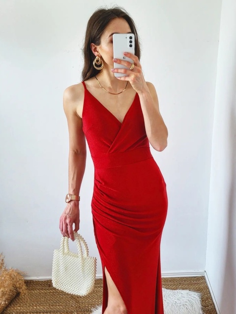 Czerwona długa sukienka brokatowa z rozcięciem Lena