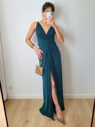 Długa sukienka na ramiączkach butelkowa zieleń XS