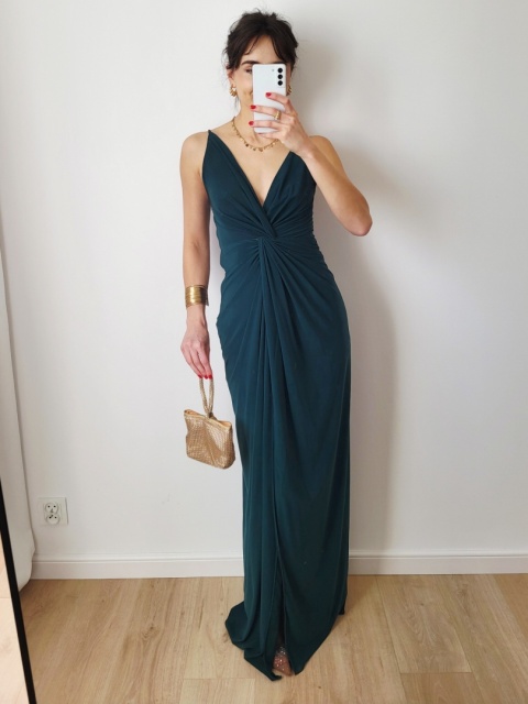 Długa sukienka na ramiączkach butelkowa zieleń XS