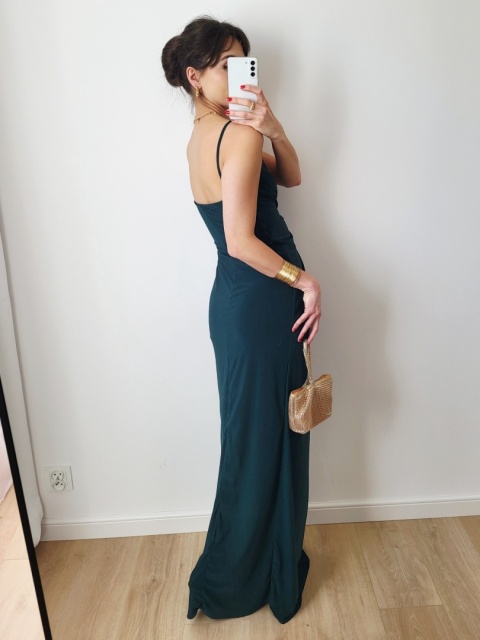 Długa sukienka na ramiączkach butelkowa zieleń XS