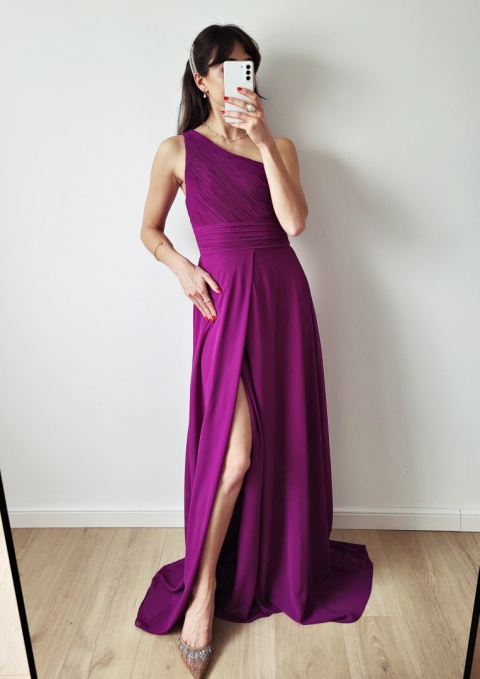 Fioletowa długa sukienka na jedno ramie Nadia
