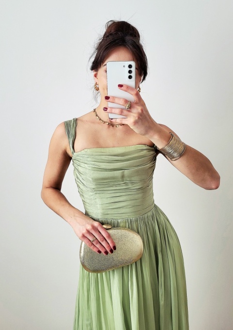 Iness długa sukienka z gorsetem pistacjowa
