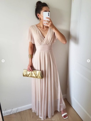 Latika tiulowa sukienka maxi beżowa