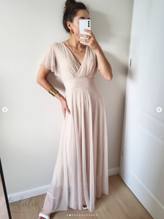 Latika tiulowa sukienka maxi beżowa