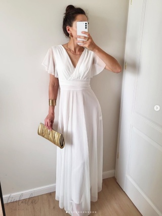 Latika tiulowa sukienka maxi biała