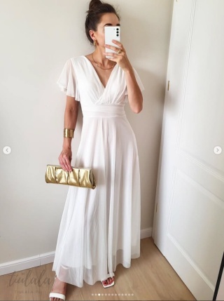 Latika tiulowa sukienka maxi biała