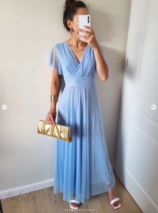 Latika tiulowa sukienka maxi niebieska
