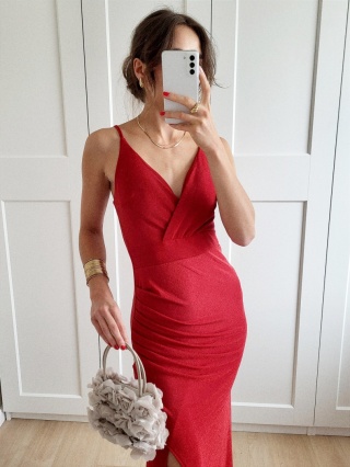 Czerwona długa sukienka brokatowa z rozcięciem Lena