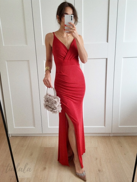 Lena - czerwona brokatowa sukienka maxi z rozcięciem