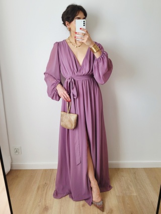 Liliowa długa sukienka wizytowa XXL