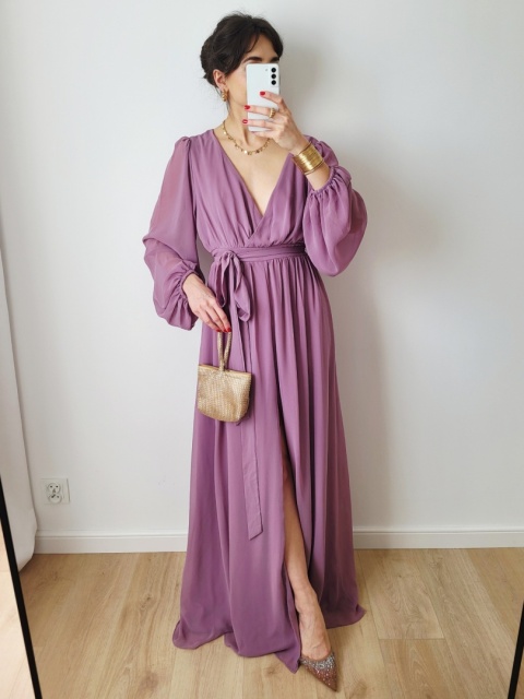 Liliowa długa sukienka wizytowa XXL