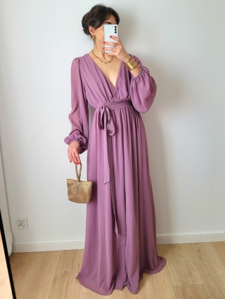 Liliowa długa sukienka wizytowa XXL