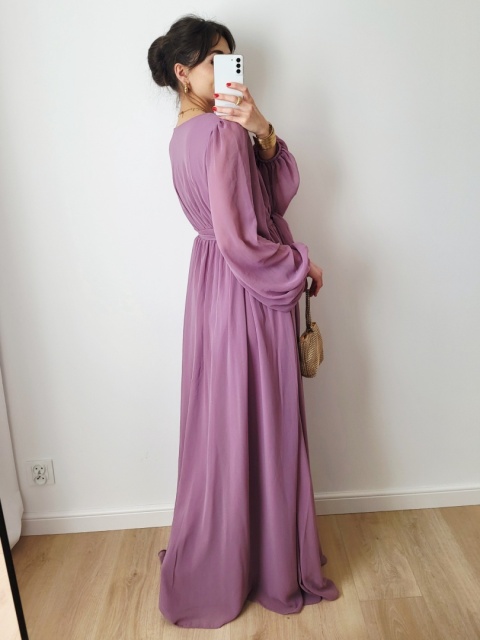 Liliowa długa sukienka wizytowa XXL