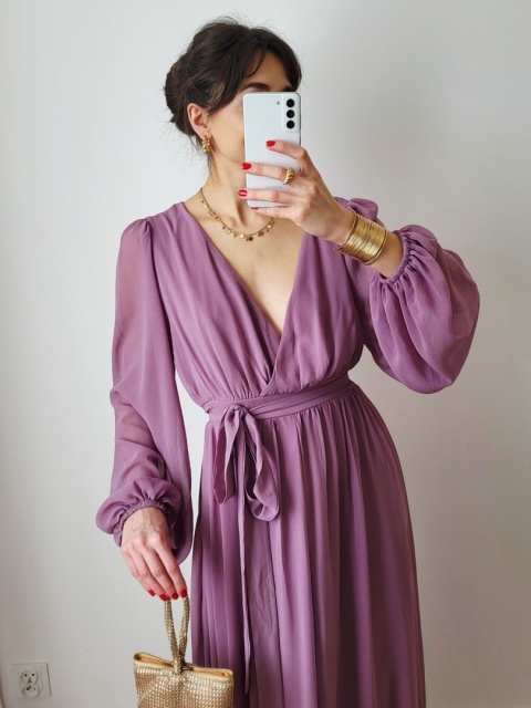 Liliowa długa sukienka wizytowa XXL