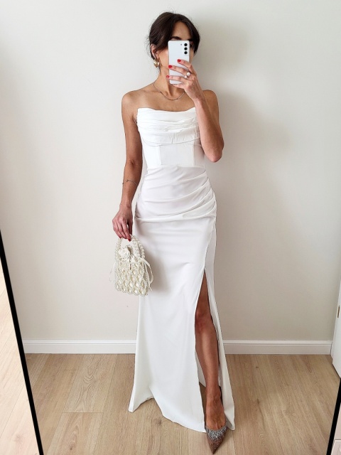 Marie gorsetowa suknia ślubna o prostym kroju z delikatnym rozcięciem