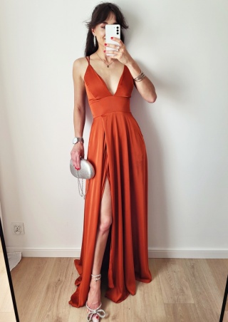 Marry miedziana sukienka maxi z odkrytymi plecami z kieszeniami