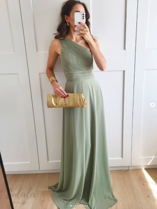 Nadia pistacjowa sukienka maxi na jedno ramie