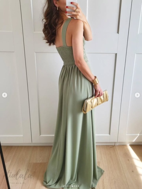 Nadia pistacjowa sukienka maxi na jedno ramie