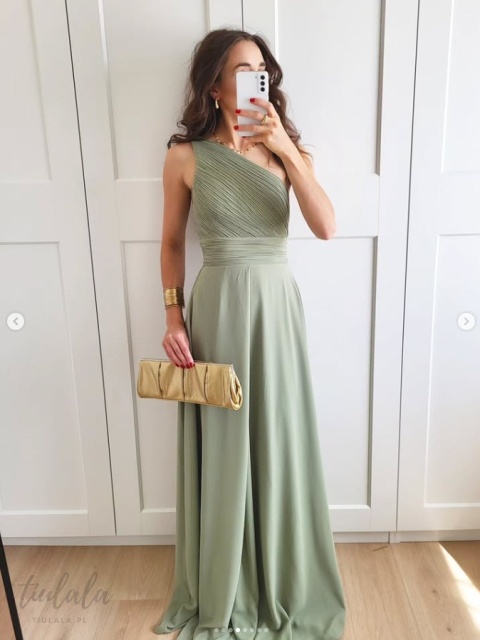 Nadia pistacjowa sukienka maxi na jedno ramie