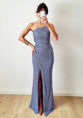 Niebieska długa sukienka cekinowa z gorsetem Lina