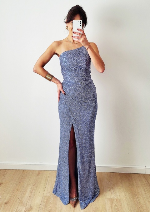Niebieska długa sukienka cekinowa z gorsetem Lina