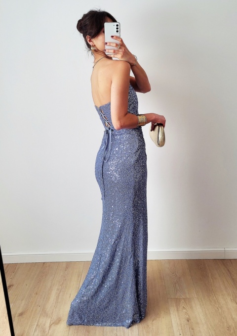 Niebieska długa sukienka cekinowa z gorsetem Lina