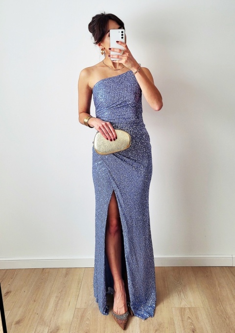 Niebieska długa sukienka cekinowa z gorsetem Lina