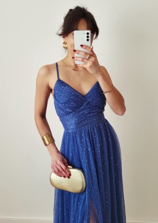 Niebieska tiulowa sukienka maxi zdobiona