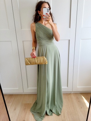 Pistacjowa długa sukienka na jedno ramie Nadia