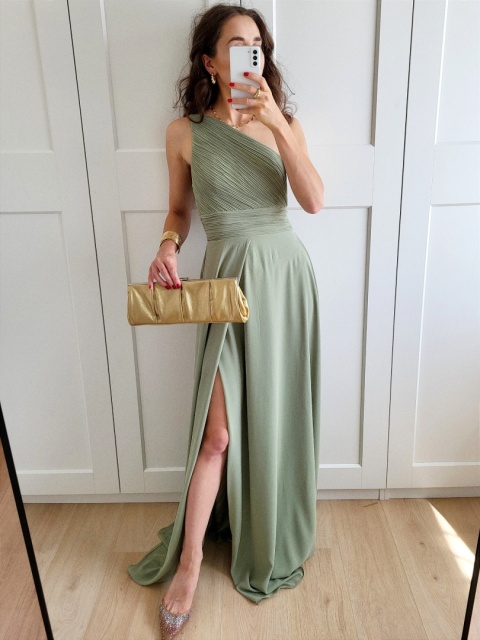 Pistacjowa długa sukienka na jedno ramie Nadia