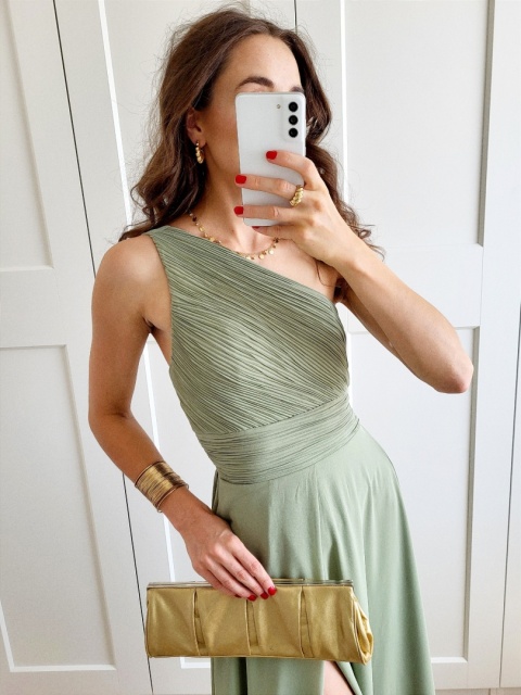 Pistacjowa długa sukienka na jedno ramie Nadia